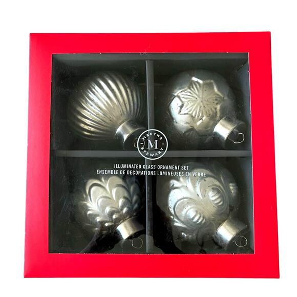 Martha Stewart Illuminated Glass Christmas Ornament Set 4pc Holiday Silver NEW - Picture 1 of 16